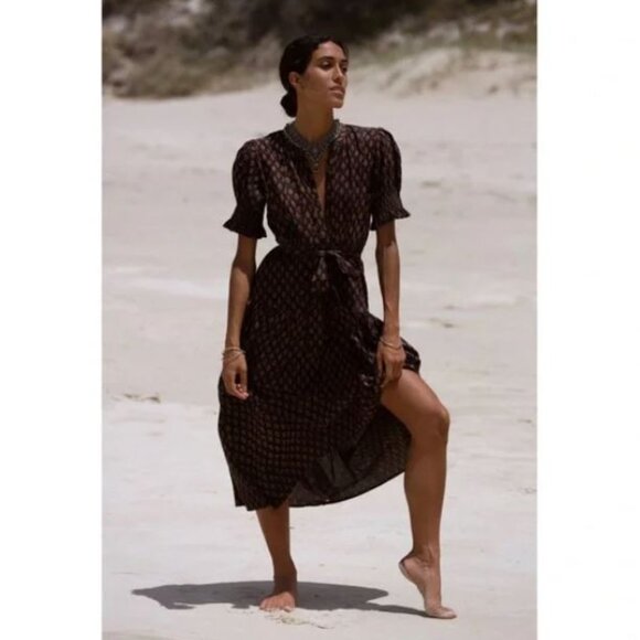 Daughters of India Prairie Dress Midi Button Front Tie Waist Coffee Brown Sz XS - Picture 2 of 10